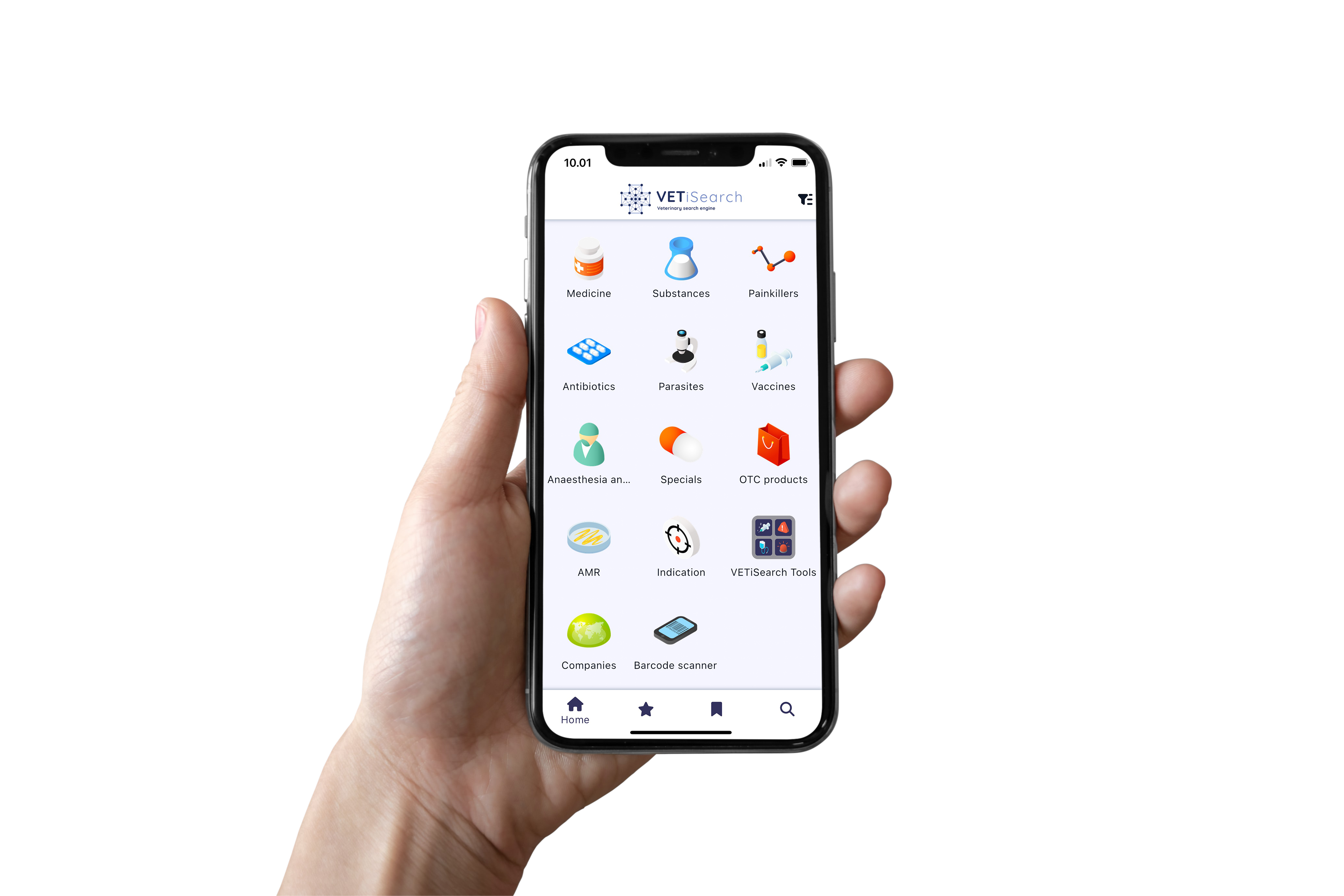 A hand holding a phone running the VETiSearch app, showing categories such as Medicine, Antibiotics, Vaccines and Companies